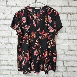 Maurices Black and Pink Floral Blouse Short Sleeve V Neck Size XL